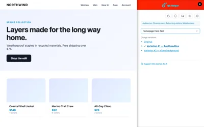 QA Helper docked as a side drawer alongside the page